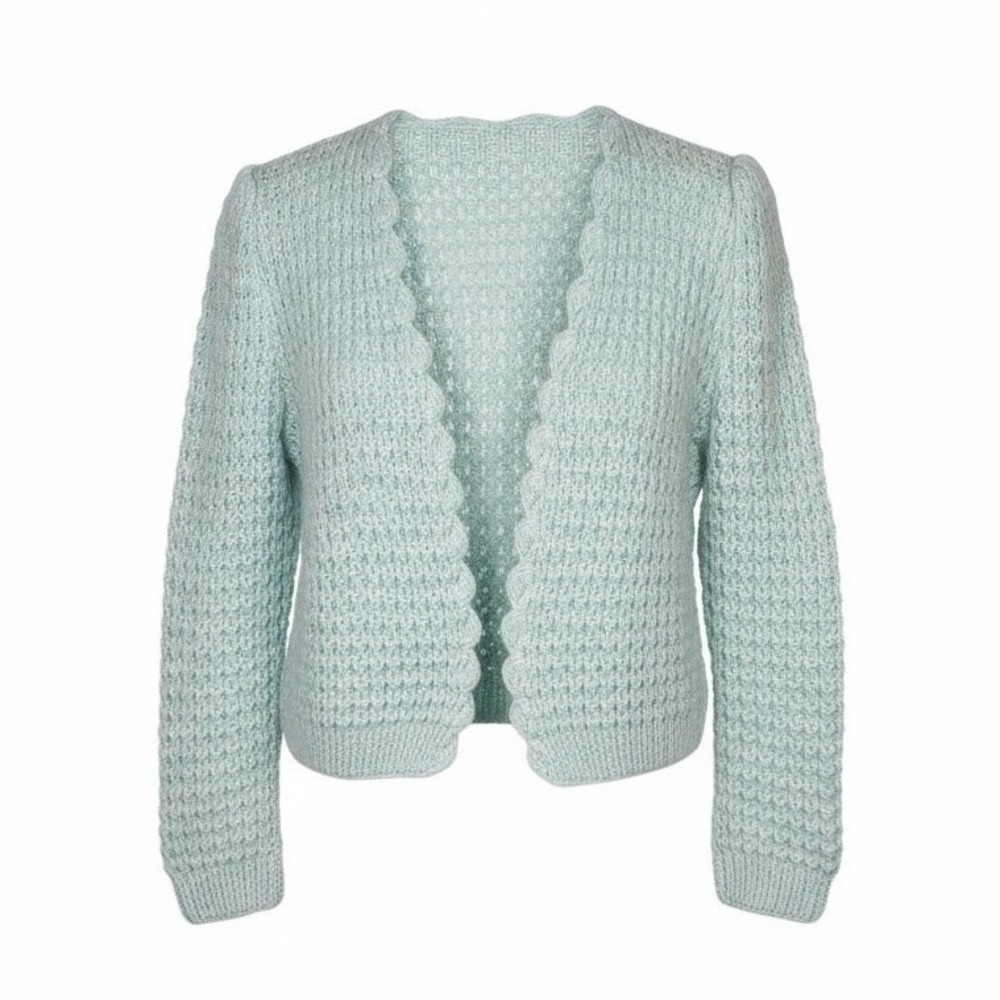 Handmade Crochet Scalloped Cardigan Women Small Aqua Blue Pastel Open Front Knit